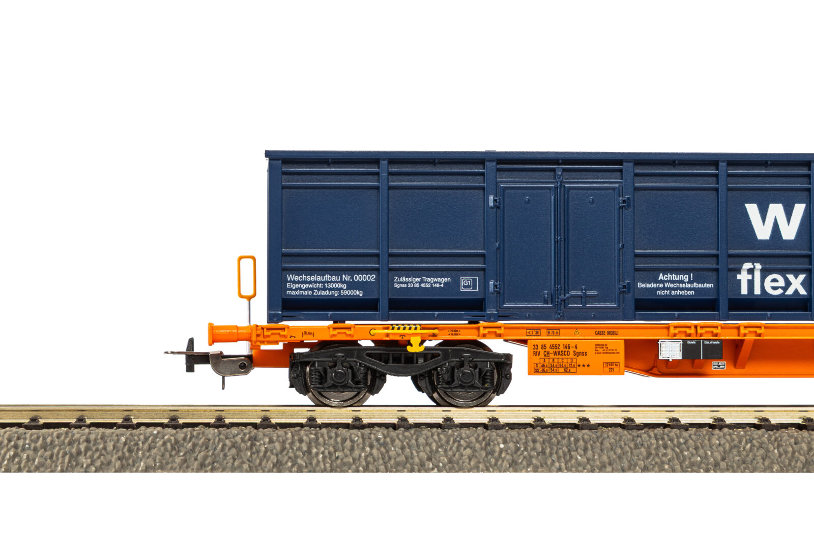 Carro Portacontainer Sgnns blu CH-Wascosa Epoca VI Scala H0 DS Modellismo Carro Portacontainer Sgnns blu scala H0