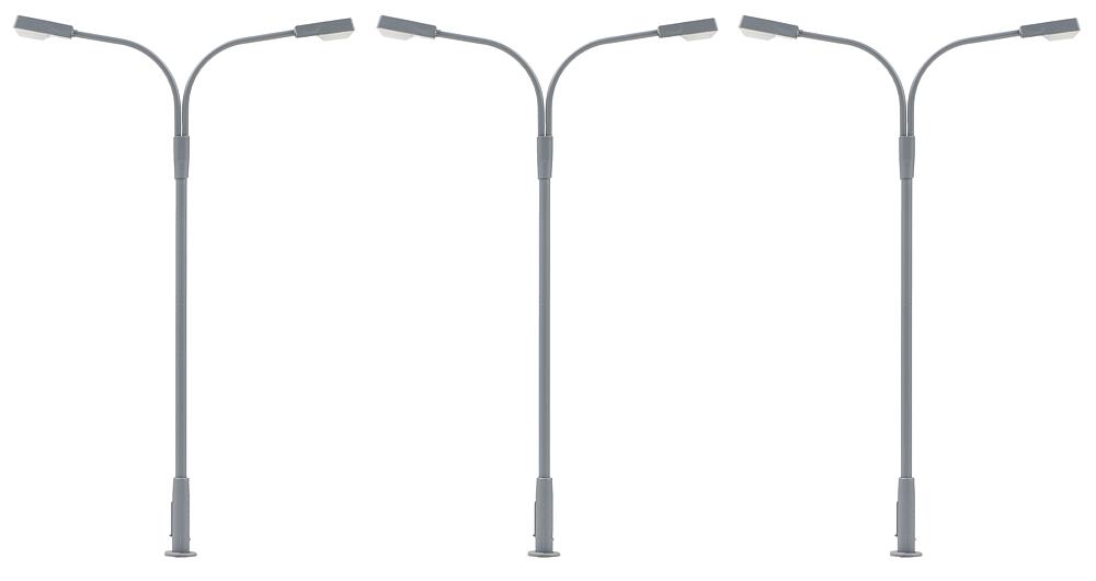 3 Lampioni a due braccia a LED - Bianco freddo Scala H0 DS Modellismo 3 Lampioni a due braccia a LED scala H0
