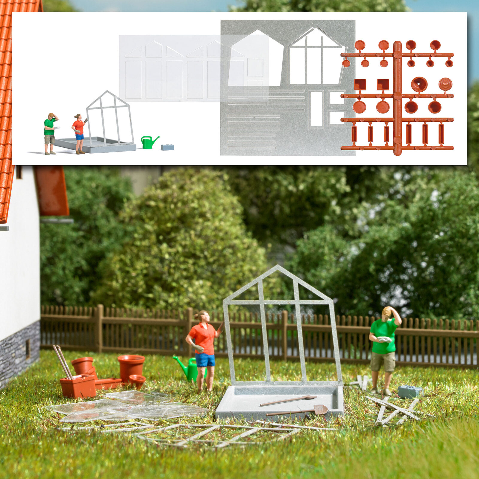 Set d'azione: Costruzione di una serra Scala H0 DS Modellismo Set d'azione: Costruzione di una scala H0